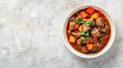 Wall Mural - Vegetable filled beef stew in white bowl on light surface top view with space for text