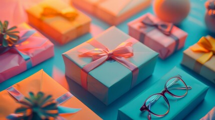 Creative Graduation Party Flat Lay Designs with Gift Boxes and Eyeglasses at Sunset Captured on Nikon Z7 35mm Lens