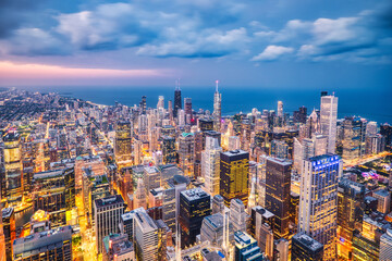 Wall Mural - Illuminated Chicago Aerial Skyline View at Dusk with Clouds