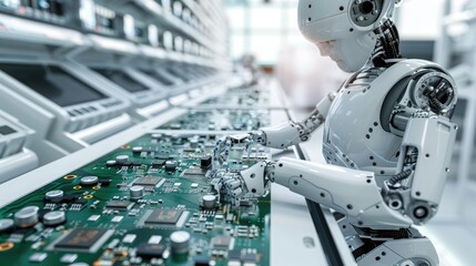 Wall Mural - High-tech robot carefully handling delicate PCB components on the assembly line. Fully Automated PCB Assembly Line