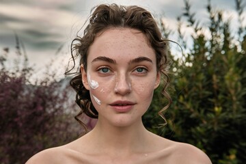 Wall Mural - This is a picture of a young woman with light brown hair and blue eyes. She has a small amount of white cream on her right cheek. She is standing outside and there are green bushes behind her.

