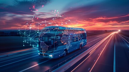 A sleek bus equipped with a digital network overlay and a map depiction on a dreamy highway at sunset, highlighting futuristic travel and global interconnectedness.