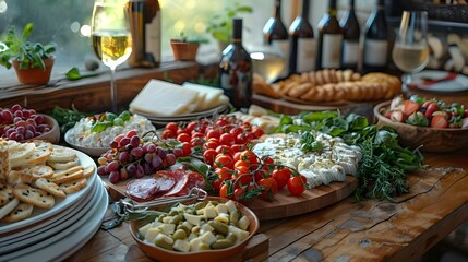 Aperitif for guests on the table. Snacks, food and drinks for the meeting. A variety of treats at the party.