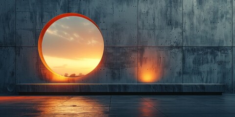 Sticker - Concrete Room with Circular Window and Sunset View