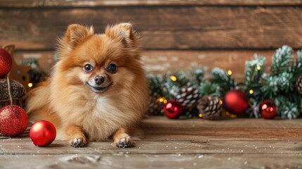 Sticker - Festive Pomeranian in holiday setting with wood backdrop Year of the Dog celebration A charming canine