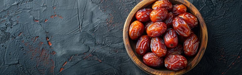 Dates in a Wooden Bowl on a Dark Background