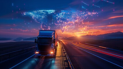 A truck journeying on a well-lit road at dusk, with a digital global map above, highlighting technological advancements in transportation and international logistics.