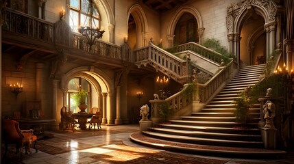 Interior of an old building with a staircase. 3d rendering