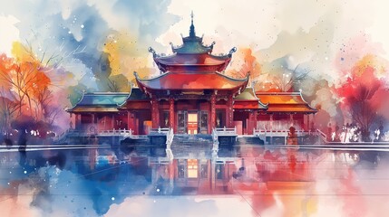 Watercolor Painting of a Chinese Temple