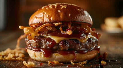 A mouthwatering fast food BBQ burger with a juicy beef patty, melted cheese, crispy onions, and BBQ sauce