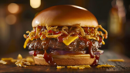 A mouthwatering fast food BBQ burger with a juicy beef patty, melted cheese, crispy onions, and BBQ sauce