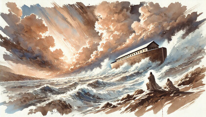 Noah and the Flood — Genesis 6. The ark during the flood. Digital painting.