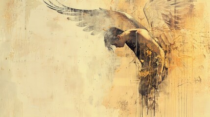 Wall Mural - Angelic grace. Abstract portrayal of an angel, merging with light and color on grunge background.