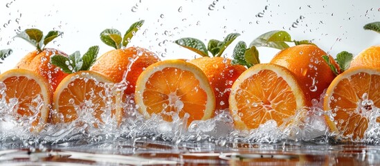 Wall Mural - Orange Slices Splashing in Water with Mint