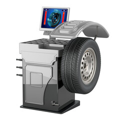Poster - Wheel balancing machine with car wheel, 3d rendering  isolated on transparent background