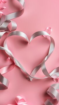 Heart shape border made of silver ribbon on pink background. Greeting card mockup for Valentine's Day or birthday, Mother's day. Love concept. Flat lay, top view. 