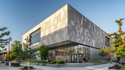 contemporary public library exterior featuring geometric patterns of fiber cement siding, enhancing its modern look in an urban setting