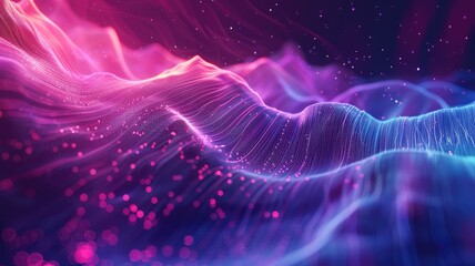 Abstract digital waves with glowing particles in blue and pink colors on a dark background. 3D rendering image of line and dot connecting together. Futuristic technology concept for wallpaper. AIG53F.