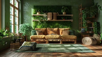 Poster - green home with a living room that features furniture made from sustainably harvested wood, cushions filled with recycled fibers, and walls painted with VOC-free paint