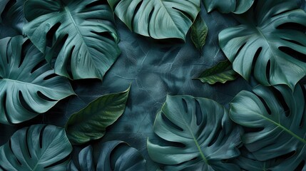 Wall Mural - Monstera leaves arranged artistically on dark background Chic fashion design with botanical flair