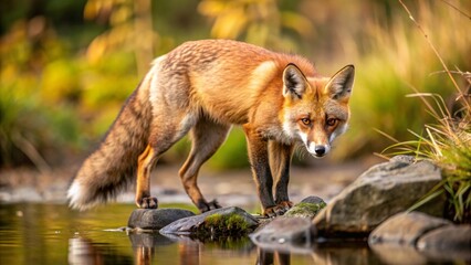 Beautiful red fox standing on a few stones over the water surface. Very focused on its prey. Pure natural wildlife photo. Ready to hunt.