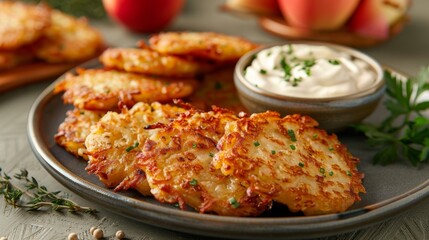 A plate filled with golden, crispy hash browns served with a creamy dipping sauce, garnished with herbs, offering a delicious combination for a savory snack.
