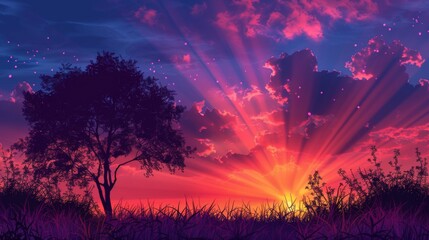 A breathtaking sunset scene featuring a lone tree, vibrant sky with pink and purple hues, and sunrays piercing through the clouds over a grassy horizon.
