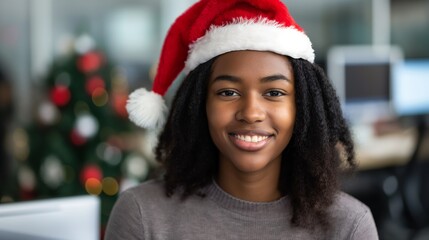 Young woman wearing Santa hat in festive office setting with Christmas tree and holiday decorations.