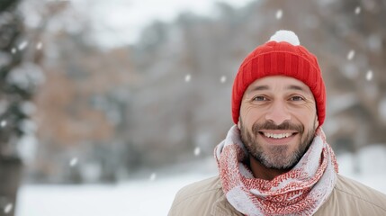 Smiling man in red beanie and scarf enjoying winter snow outdoors. Close-up portrait with snowflakes falling in background. Happy winter scene.