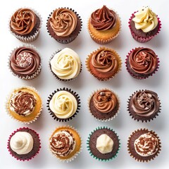 Poster - Top view of a selection of various delicious cupcakes with different frosting designs and flavors on a white background. Perfect for bakery promotions, recipe blogs, and dessert advertisements. AI