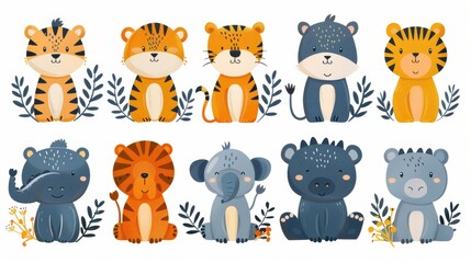 Wall Mural - These adorable cartoon animals include a tiger, hippo, zebra, elephant, and crocodile. They are drawn on a white background.