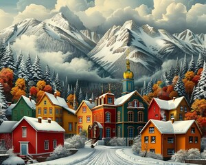 Wall Mural - Nordic landscape with traditional houses, winter scene, muted colors, realistic painting