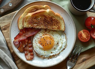 Wall Mural - Classic Breakfast Plate with Fried Egg, Bacon and Toasted Bread