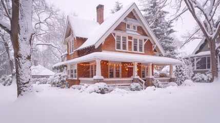 A charming Craftsman-style house blanketed in snow, its intricate woodwork and white trim highlighted against the soft white backdrop. Twinkling fairy lights wrap around 