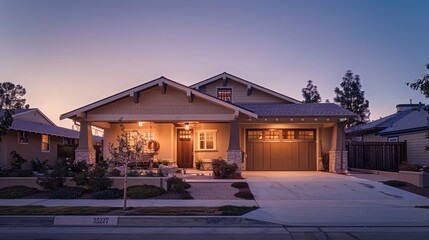 Wall Mural - A Craftsman style house in sandy beige standing silently in the soft light of dawn, with no one around on the tranquil suburban streets.