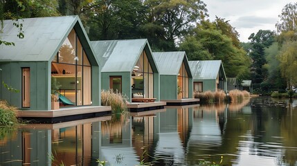 Poster - series of small, eco-friendly holiday homes on a lake, each featuring green fiber cement siding that blends into the surrounding woodland