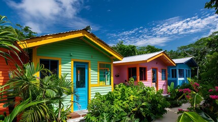 Wall Mural - small island boutique hotel with weatherproof fiber cement siding painted in bright tropical colors, designed to stand out against the lush greenery and blue skies