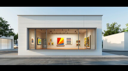 Poster - small, modern art gallery with a minimalist exterior of white fiber cement siding, designed to focus attention on the vibrant artworks displayed inside