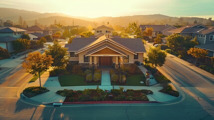 Wall Mural - Aerial perspective of a tranquil suburban morning, a Craftsman style house in sandy beige at the center, surrounded by empty streets under the dawn light.