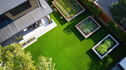 Wall Mural - Aerial view of a suburban house's backyard, neatly organized with a large artificial grass area, flanked by symmetrical raised garden beds for vegetables and herbs, showcasing sustainable living.