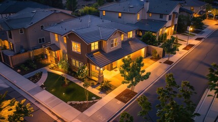 Wall Mural - Bird's eye view capturing a tranquil suburban dawn, a Craftsman style house in sandy beige illuminated by the soft light, streets deserted and peaceful.