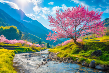 Wall Mural - a view of the river and pink-blossoming Japanese cherry trees against the backdrop of mountains, generative AI