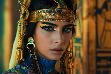 Wall Mural - beautiful brown skin egyptian Pharaoh cleopatra, egyptian queen cleopatra in heavy make-up and royal jewelry, geberative AI