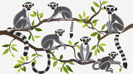 Wall Mural - Modern flat illustration with lemurs in different poses from Madagascar and Africa.