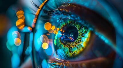 Wall Mural - Close-up of a futuristic eye with vibrant colors and reflections. The image is hyper-realistic and showcases advanced technology and creativity. Ideal for concepts related to vision and innovation. AI