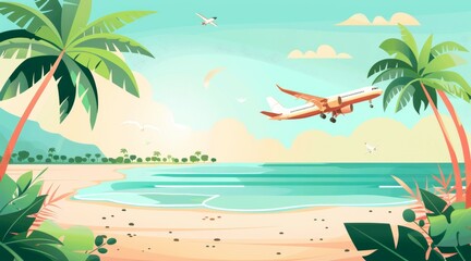 Sticker - Sandy seashore, sea coast with palm trees and seaside travel modern cartoon illustration of a beach backdrop.