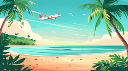 Wall Mural - An illustration of a modern cartoon background showing a summer beach backdrop featuring a sandy beach, a seacoast with palm trees, and a vocation seaside travel setting.