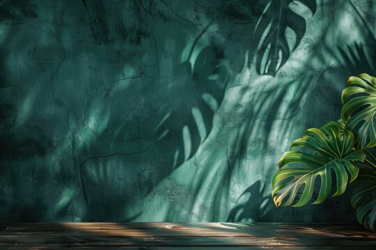 Mockup with monstera leaves shadow on dark green wall.