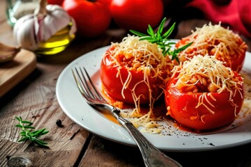 Wall Mural - Stuffed tomatoes with cheese, rice and basil. Mac And cheese stuffed tomatoes. Baked stuffed tomatoes with herbs, rice and cheese on a background with copy space. Vegan Food.