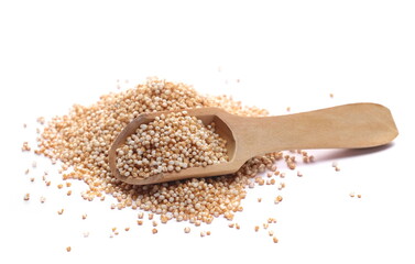Wall Mural - Amaranth pops, popped grains in wooden spoon isolated on white background, side view	